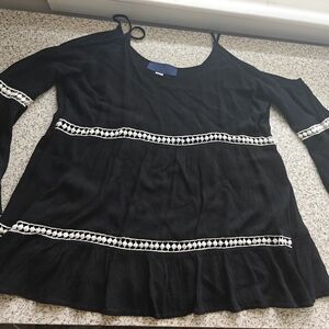 Poema Womens Blouse Shirt M Black Flare Sleeve Shoulder Out Spaghetti Strap